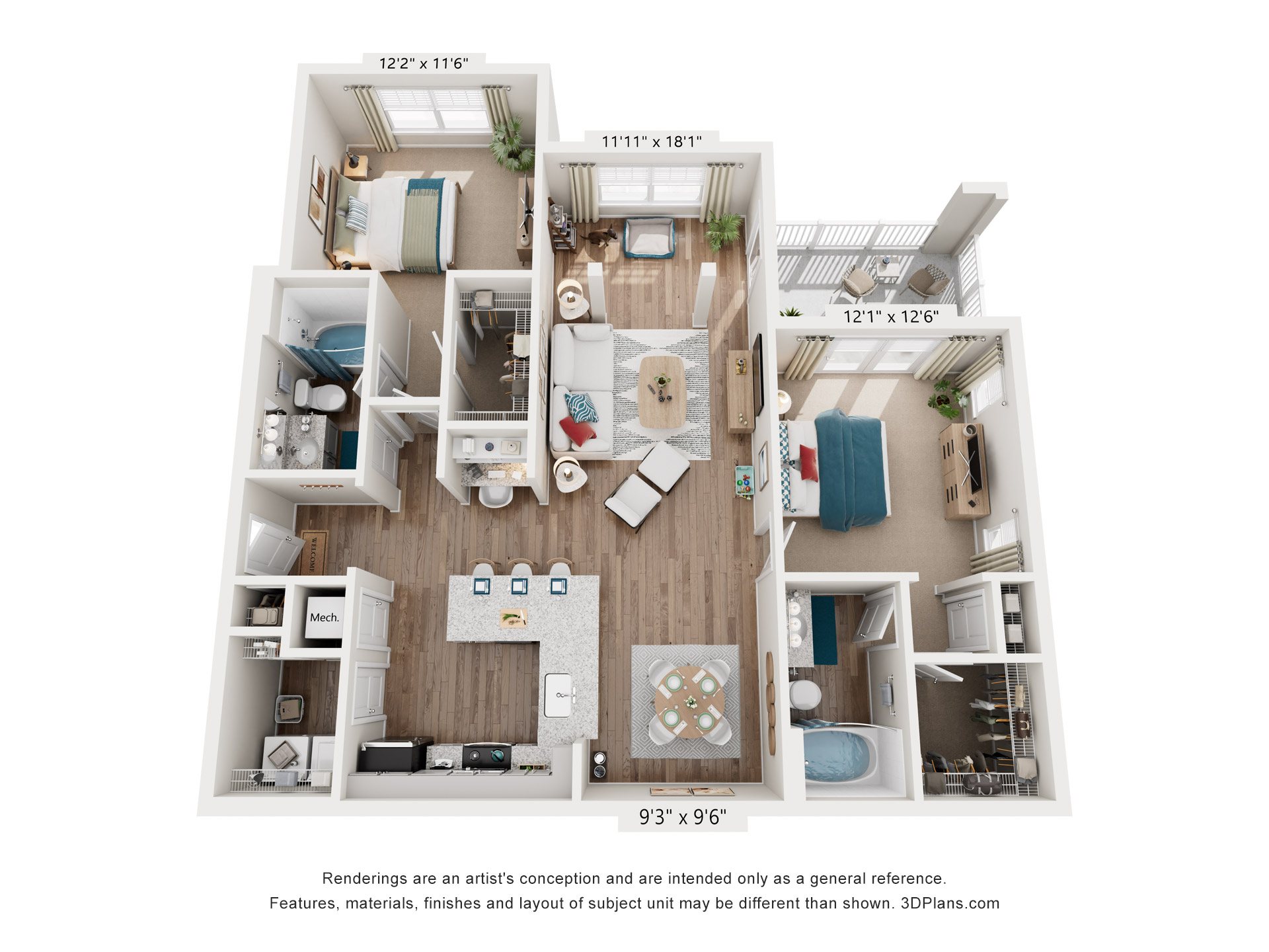 Floor plan for 2 beds, 2 baths, 1345 sqft